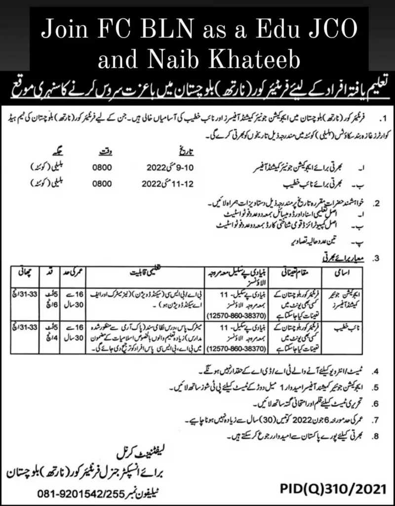 Frontier Corps North Balochistan FC Jobs