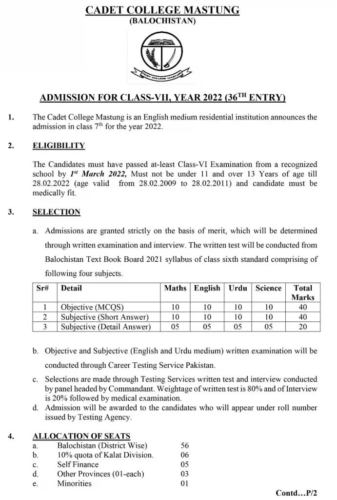 Cadet College Mastung Admission