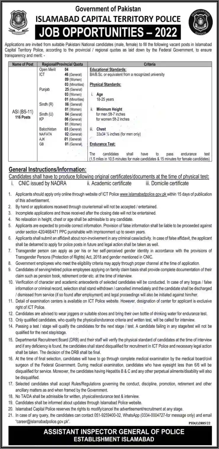 Islamabad ICT Police ASI Jobs 2022 Online Apply Application Form