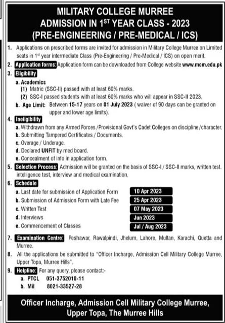 Military College Murree Admission Advertisement 2023