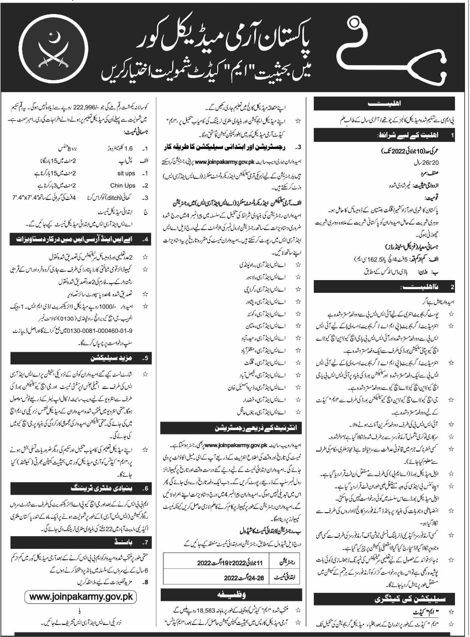 Pak Army M Cadet Doctor Advertisement