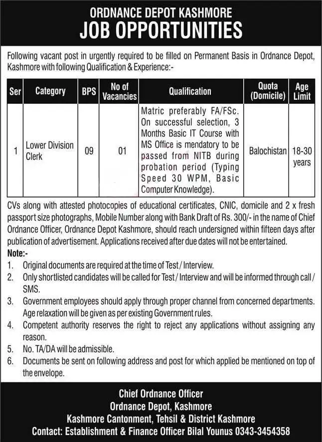 Pak Army Ordnance Depot Kashmore Jobs Advertisment