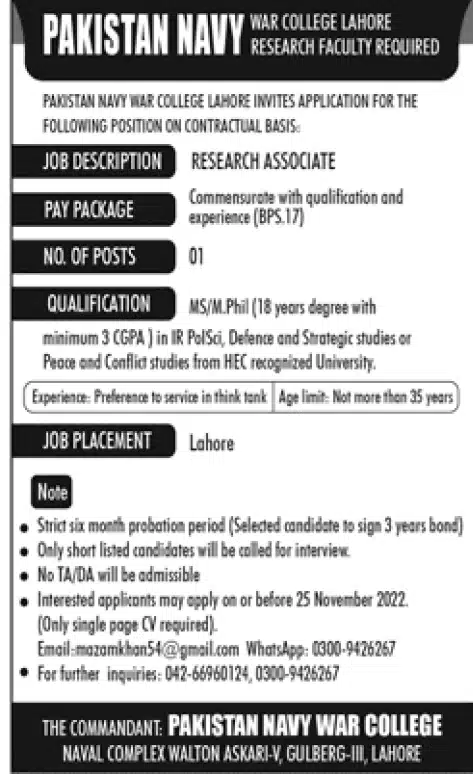 Pakistan Navy War College PNWC Job Advertisement