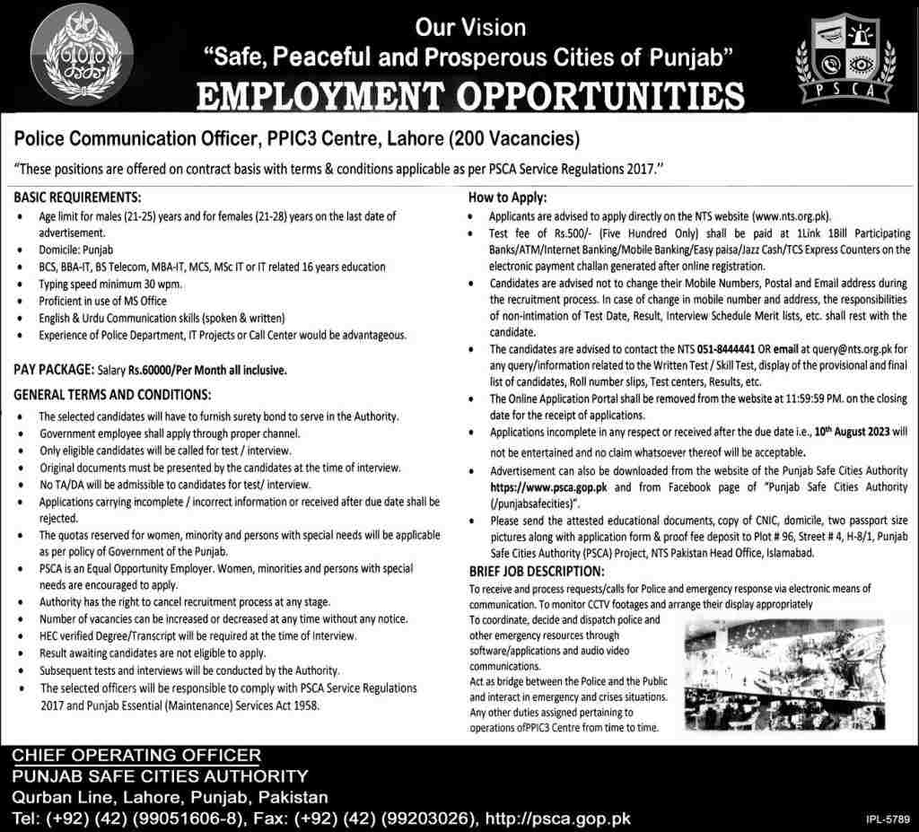 Punjab Police PSCA Job Advertisement