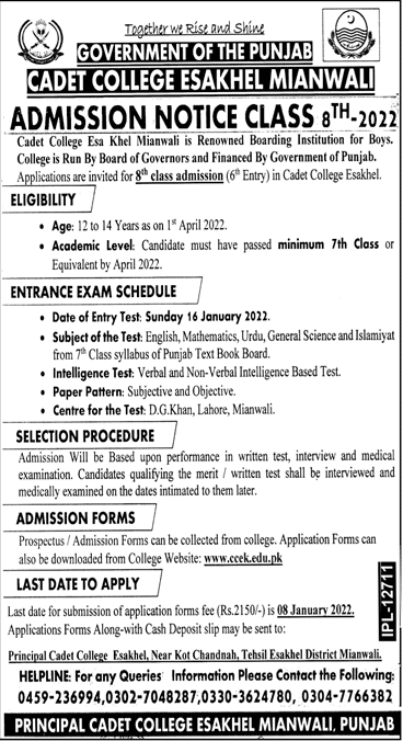 Cadet College Esa Khel Mianwali Advertisement